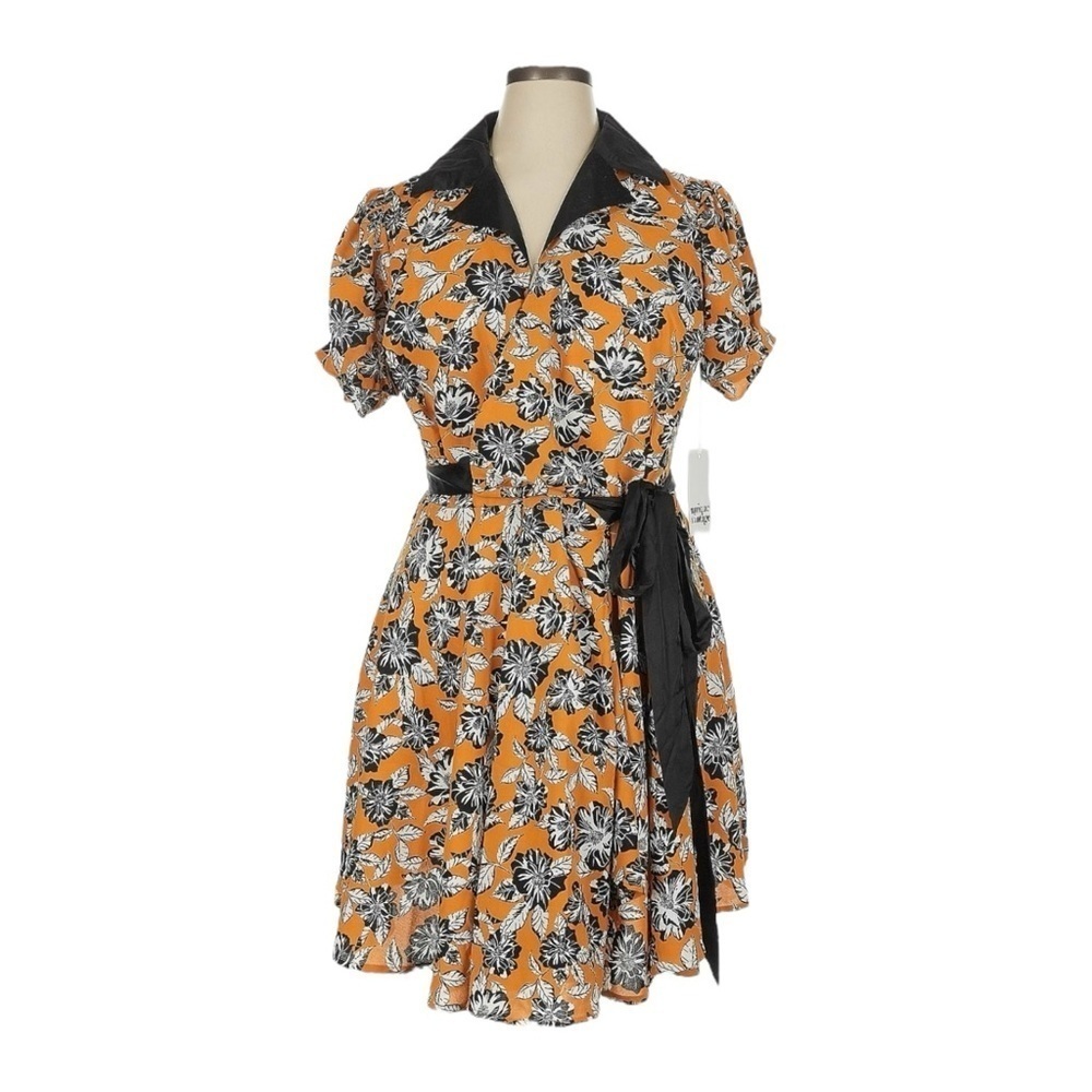 Unique Vintage Retro Wrap Dress M NWT Orange Floral Black Satin 50s 60s Style
